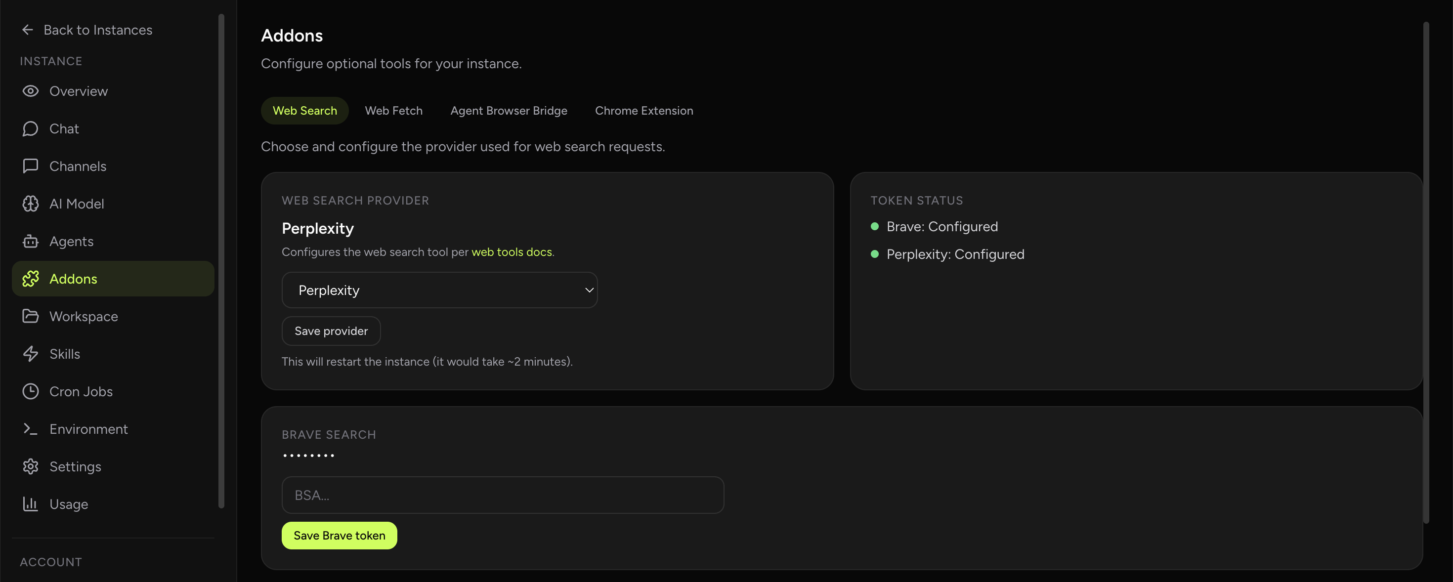 OpenClaw Addons Hub screenshot from OpenClaw Setup dashboard (dark theme)