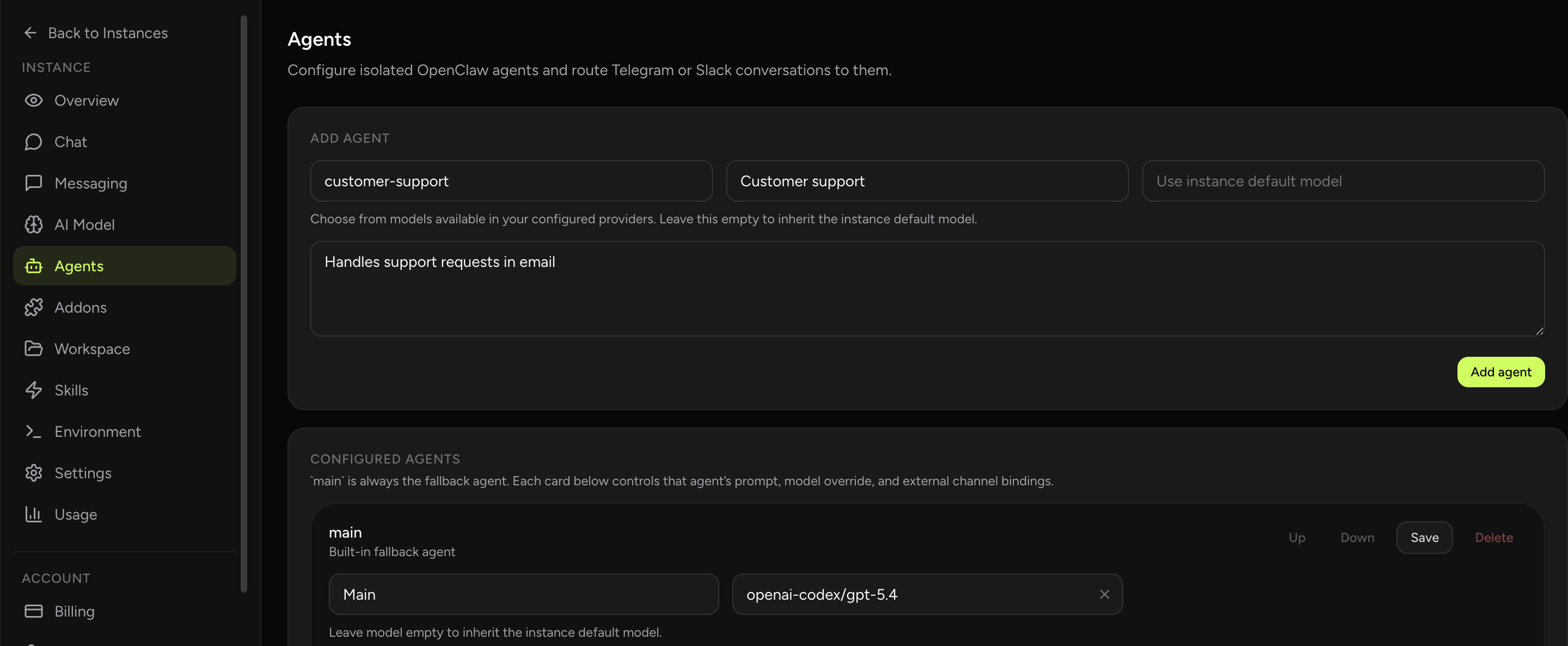 OpenClaw Setup Agents tab showing multiple hosted agents in dark theme