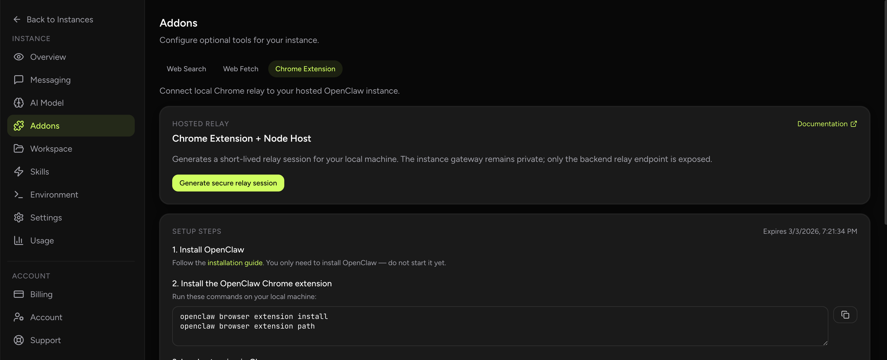 OpenClaw Browser Control screenshot from OpenClaw Setup dashboard (dark theme)