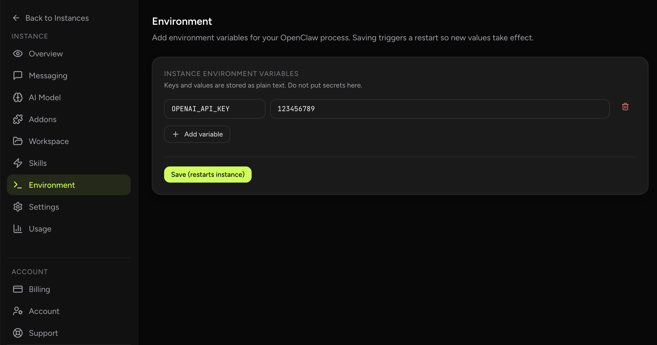 OpenClaw Environment Variables screenshot from OpenClaw Setup dashboard (dark theme)