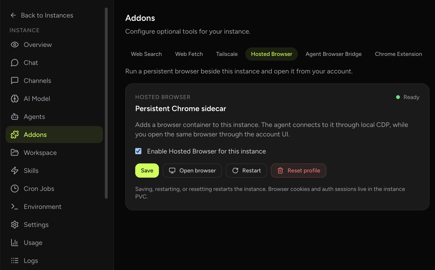 Hosted Browser in OpenClaw Setup dashboard (dark theme)