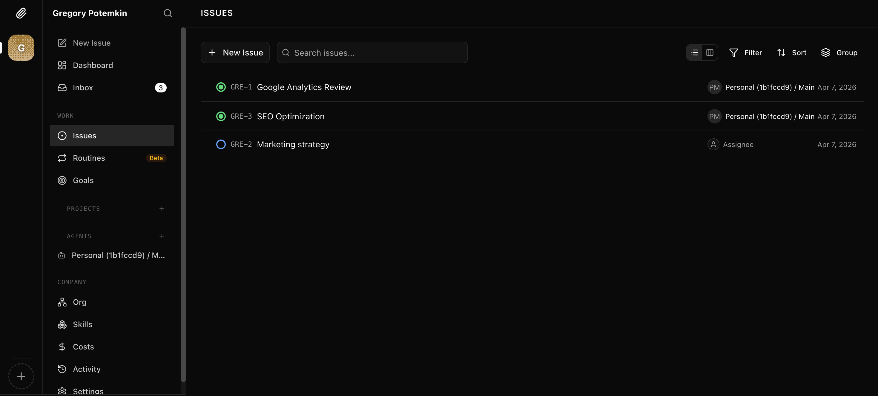 Paperclip Workspace screenshot from OpenClaw Setup dashboard (dark theme)