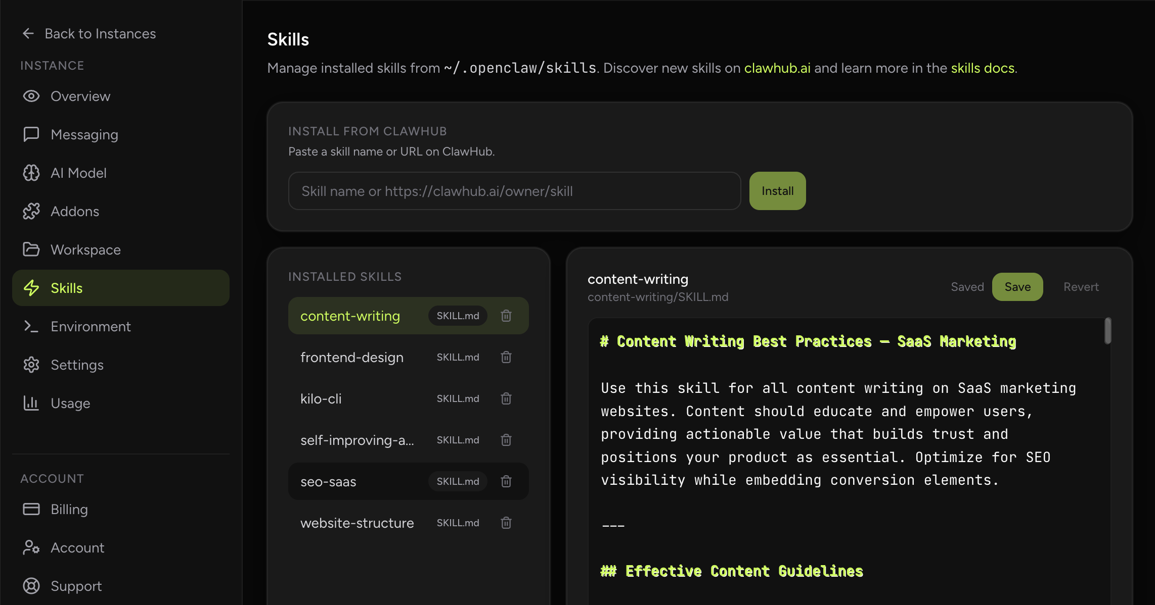 OpenClaw Skills Management screenshot from OpenClaw Setup dashboard (dark theme)