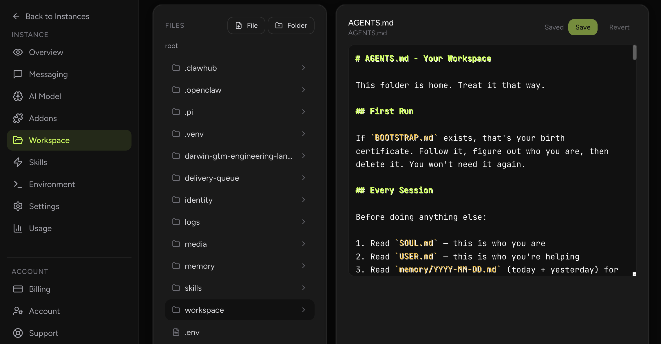 OpenClaw Workspace Editor screenshot from OpenClaw Setup dashboard (dark theme)