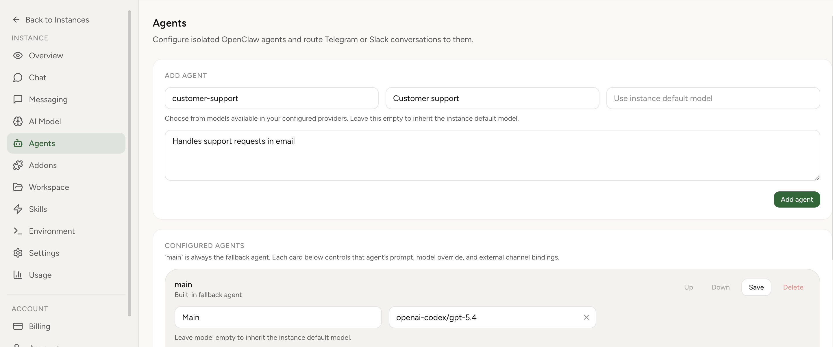 OpenClaw Setup Agents tab showing multiple hosted agents