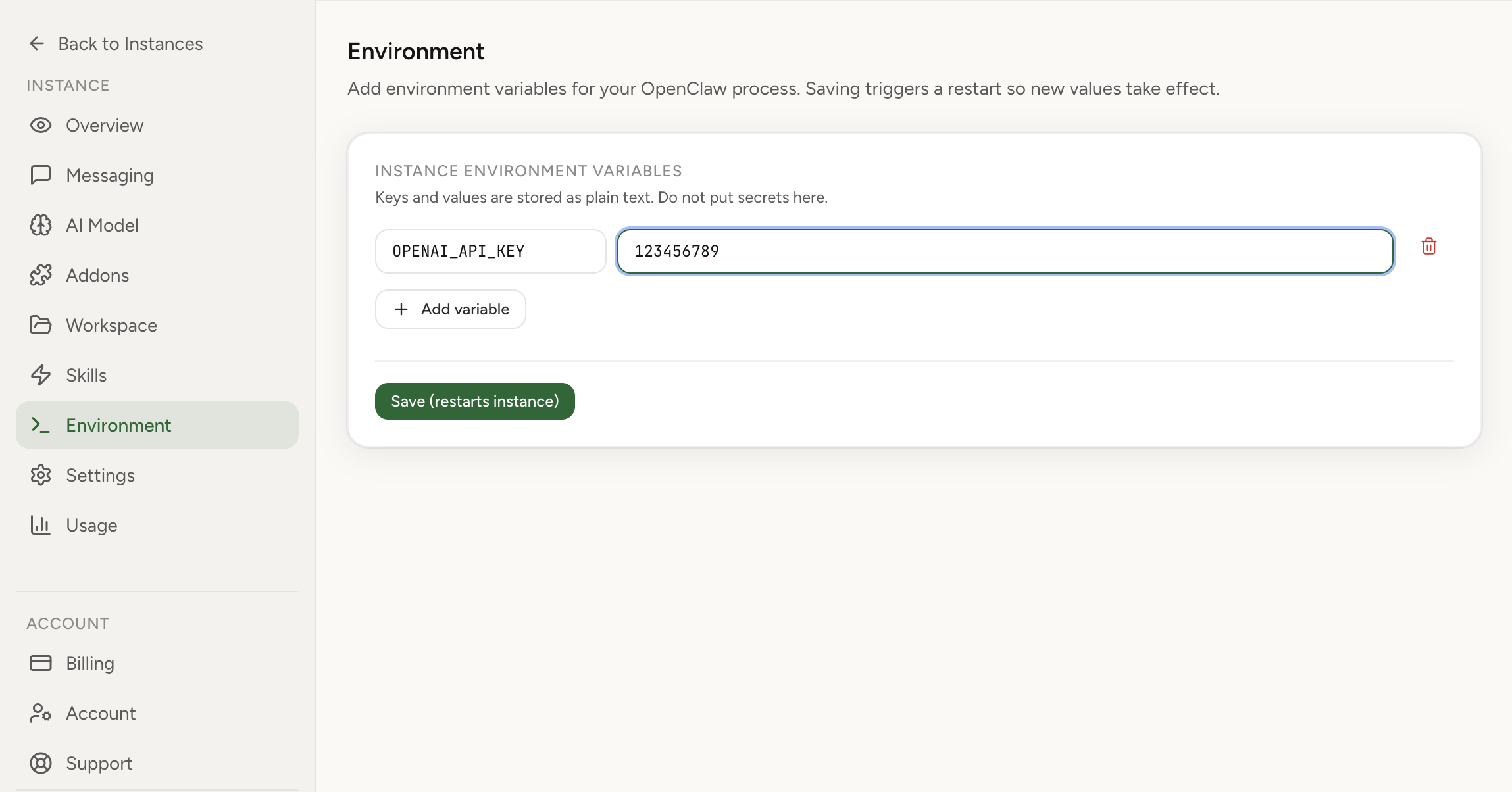 OpenClaw Environment Variables screenshot from OpenClaw Setup dashboard (light theme)