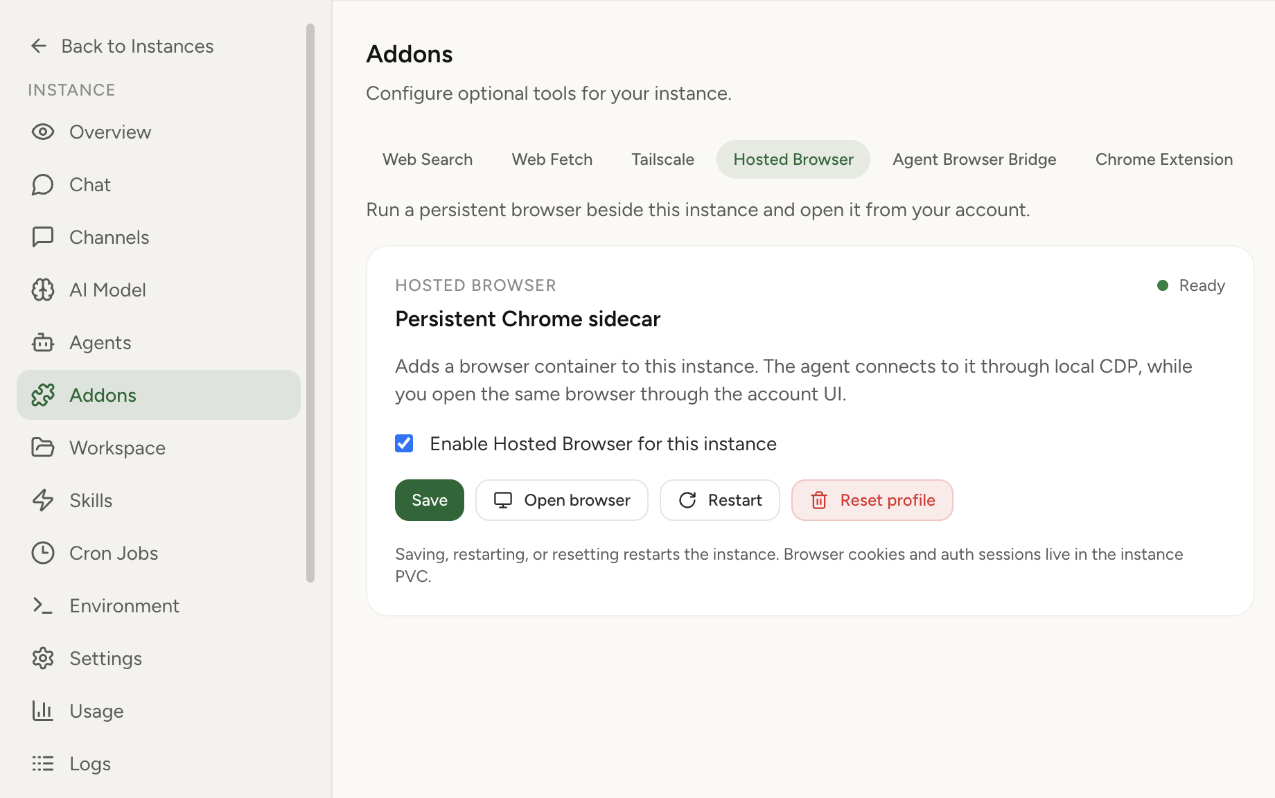 Hosted Browser in OpenClaw Setup dashboard (light theme)