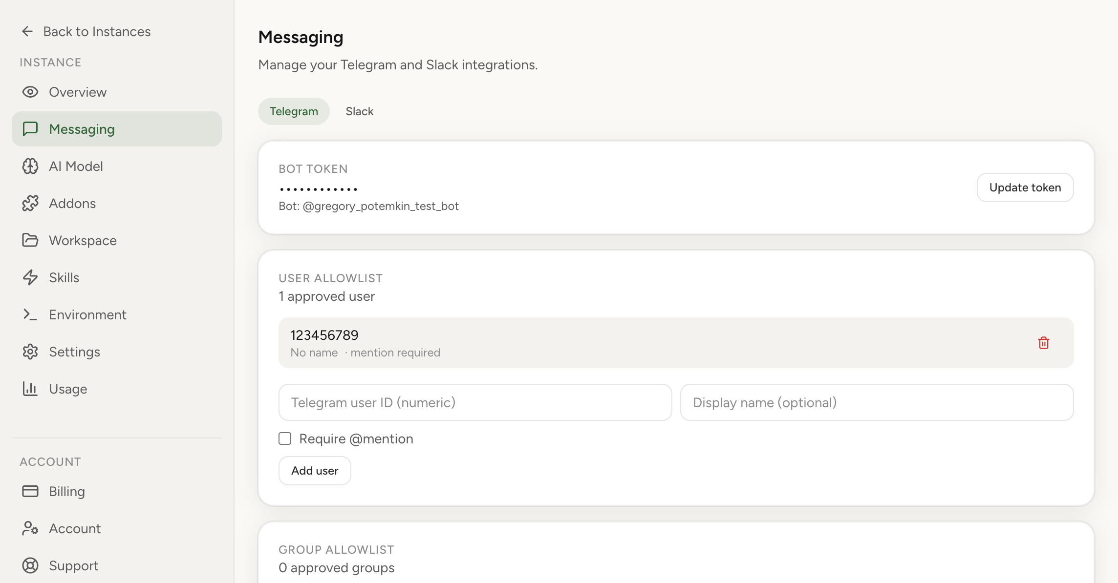 Security allowlist controls in OpenClaw dashboard (light theme)