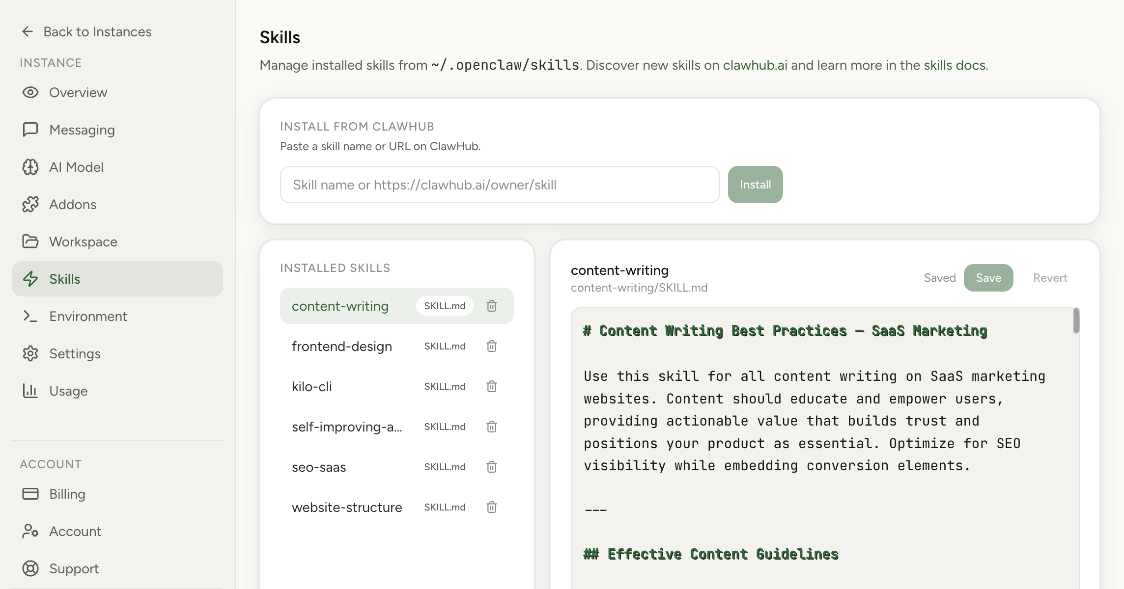 OpenClaw Skills Management screenshot from OpenClaw Setup dashboard (light theme)