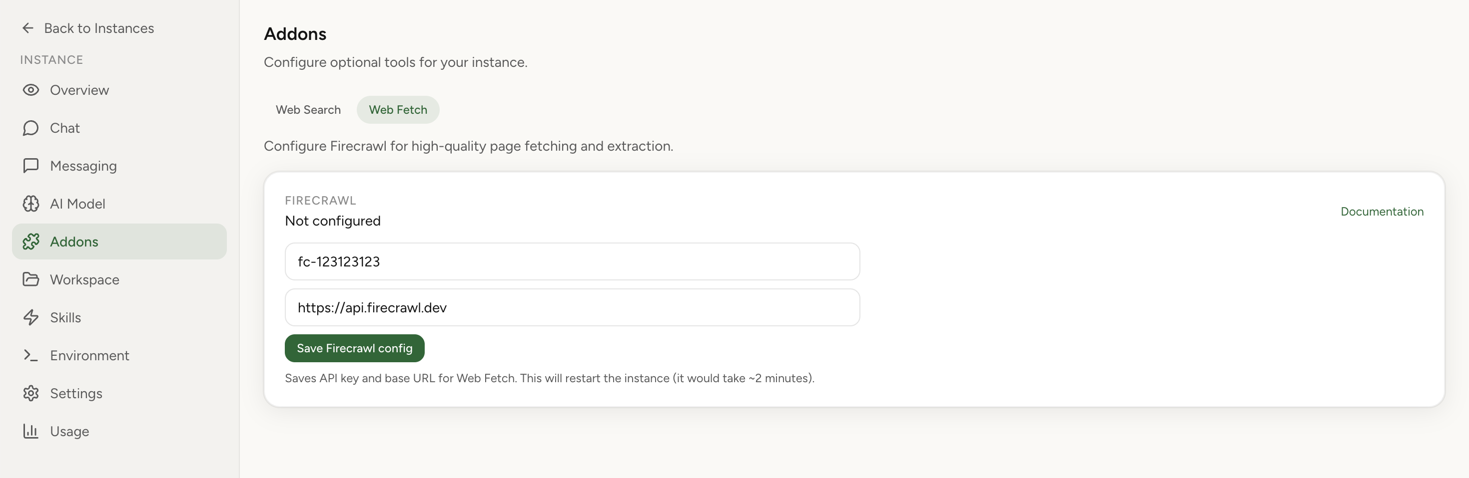 OpenClaw Setup Addons Web Fetch tab showing Firecrawl API key and base URL settings