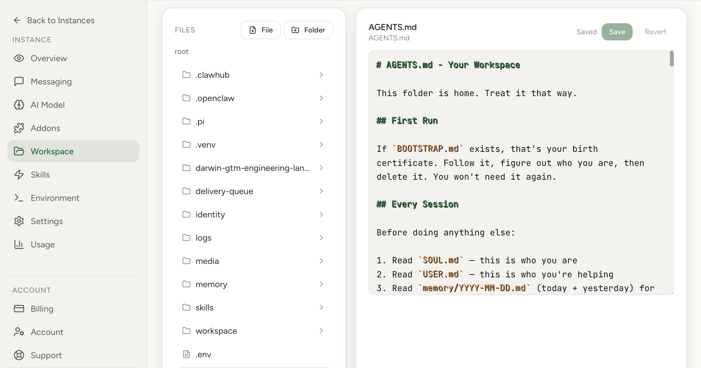 OpenClaw Workspace Editor screenshot from OpenClaw Setup dashboard (light theme)